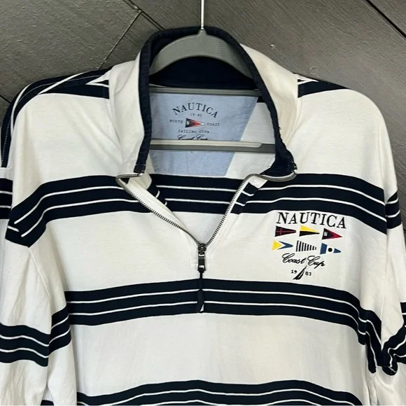 Nautica Navy and White Striped Quarter-Zip Polo Long Sleeve‎ - Picture 4 of 6
